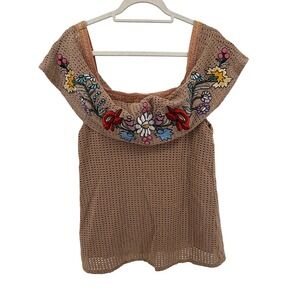 Judith March Embroidered Off Shoulder Crochet Knit Top Small S‎ Boho Chic